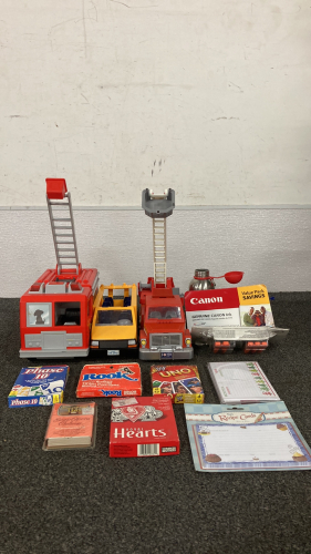 Firefighters Toy Trucks and School Bus, Card Games, and More