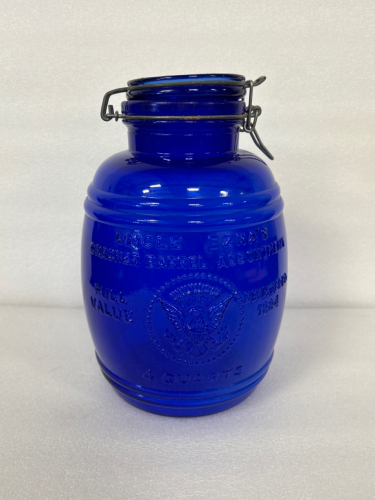 Vintage Cobalt Blue Uncle Ezra’s Cracker Barrel 4 Quart Cookie Jar