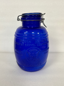 Vintage Cobalt Blue Uncle Ezra’s Cracker Barrel 4 Quart Cookie Jar