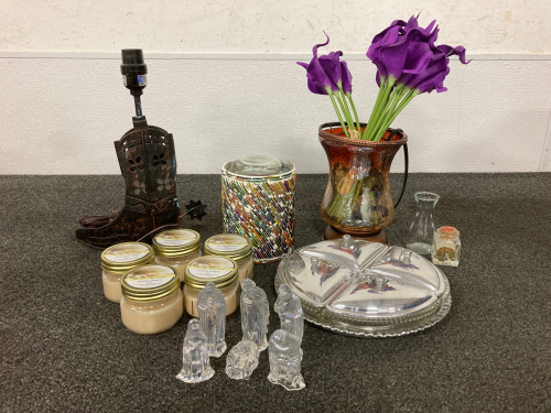 Vintage Candy Tray, Boot Lamp, Candles, And More