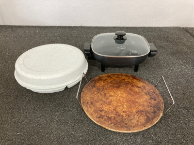 Electric Skillet, Veggie Tray Tupperware, and Pizza Stone