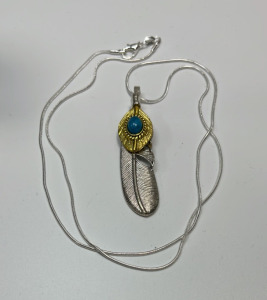 (1) Tibetan Silver Feather Turquoise Inlay .925 Necklace