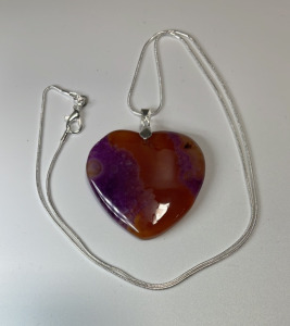 (1) Purple & Orange Heart Shaped Agate Gemstone .925 Necklace