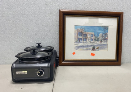 (1) Dual Small CrockPot Cookers, (1) Snowy Scence Painting