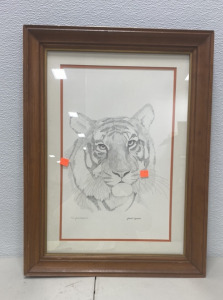 James E Lawrence 17/100 Tiger Painting In Wooden Frame