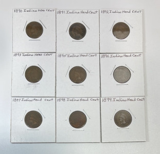 (9) Carded Indian Head Cents 1890-1899