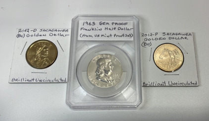 (1) 1963 Gem Proof Franklin Silver Half Dollar (Brilliant Uncirculated) (From US Mint Proof Set), (1) 2012-D Sacagawea Golden Dollar (Brlliant Uncirculated), (1) 2012-P Sacagawea Golden Dollar (Brilliant Uncirculated)