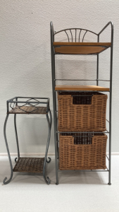 Metal Plant Stand, Metal Shelf Stand W/ (2) Wicker Baskets