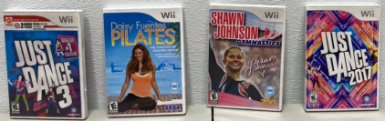 (1) Just Dance 3, (1) Daisy Fuentes Pilates, (1) Shawn Johnson Gymnastics, (1) Just Dance 2017, All Wii Games!
