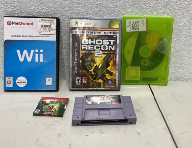 (1) Wii Monster Jam Urban Assault Game, (1) XBOX Ghost Recon 2 Game, (1) Xbox 360 Halo Game, (1) Original PS Game, and (1) Super Nintendo Major League Baseball Game