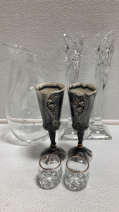 Wine Decanter, (2) Crystal Candlesticks, (2) Stylized Wine Glasses, (2) Shot Glasses