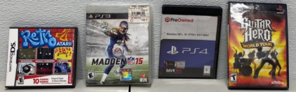 (1) Nintendo DS Retro Atar Game, (1) PS3 Madden 15, (1) PRE-OWNED PS4 Madden 16, (1) PS2 Guitar Hero!