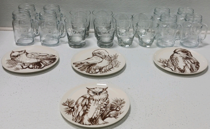 Owl Dishware Including (8) Masson Jar Cups (8) Rocks Glases (4) Plates