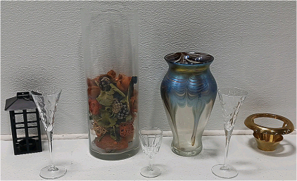 (2) Decorative Vases (2) Candle Holders And (3) Drink Flutes