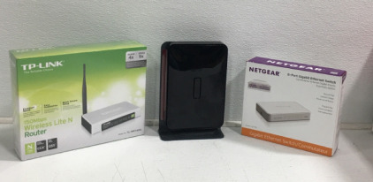 TP- Link Wireless Lite N Router, Netgear Router, Netgear 8-Port Gigabit Ethernet Switch