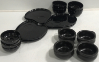 (6) Black Plates, (4) Black Bowls, (4) Sauce Bowls And More