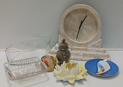 Marble Mantel Clock, Small Wicker Basket With Shells, Votive Candle Holder, Decorative Dishes And Sand Container