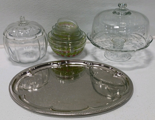 Nickel Plated Serving Platter, Cake Stand With Lid, (10) Fruit Bowls, And Cookie/ Candy Jar