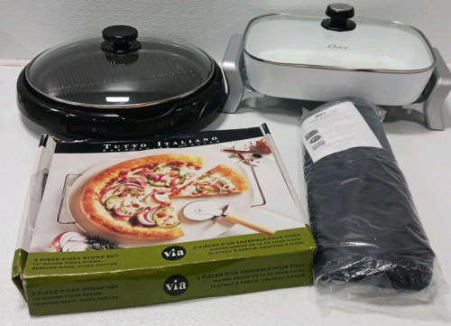 Aroma Health Grill, Oster Skillet, Pizza Stone With Serving Rack And Dash Skillet Store And Go Bag