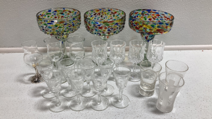 (3) Colorful Margarita Glasses, (15) Various Cordial Glasses, (3) Shooters