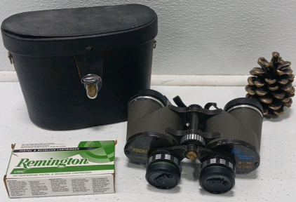 Remington 32 Automatic Cartridges, Focal Binoculars And Brass Pine Cone Sculpture