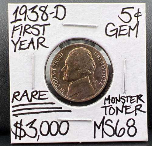 1938-D MS68 RARE 1ST YEAR GEM TONER NICKEL