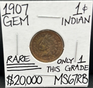 1907 MS67RB RARE GEM INDIAN HEAD CENT