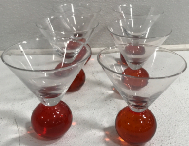 (6) Orange Round Bottom Martini Glasses