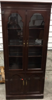 Ethan Allen Tall Dark Wood Curio Cabinet With Glass Doors and Shelves