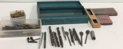 (1) Metal Toolbox With Various Drill Bits And Reamers (1) Irwin Micro Dial Exspansive Bit (1) Black And Decker Firestorm Drill Bit Set (1) Craftsman Wood Bits set
