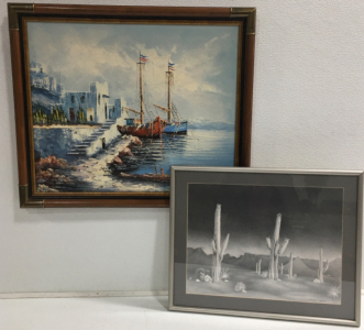 Framed Ship Painting, Framed Cactus Drawing