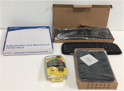 (1) Jabra Earset For Computer (1) Kensington Adjustable Gel Notebook Wrist Rest (1) Logitech Wireless Keyboard (1) Acer Keyboard (2) Dell 11&rdquo; Laptop Sleeves