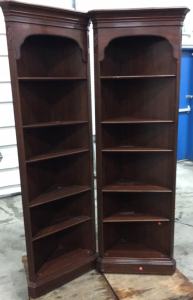 (2) Ethan Allen Matching Dark Wood Corner Display Shelves