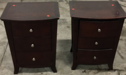 (2) Matching Dark Wood Bed Side Tables With 3-Drawers