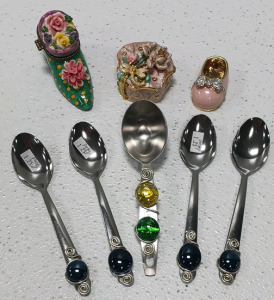 (5) Decorative Spoons (2) Trinket Boxes And Small Decorative Shoe