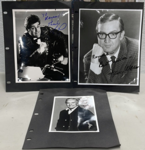 (1) Autographed Jay Leno Photo, (1) Autographed John Forsyth Photo, (1) Autographed Steve Allen Photo, (1) Clear plastic Jewelry/Craft Case