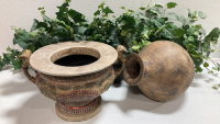 (2) Artificial Ivy in Planters, (2) Large Ceramic Decorative Vases