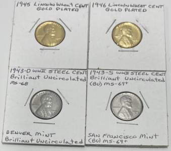 (2) Lincoln Wheat Pennies Gold Plated 1945-1946, (2) WWII Steel Pennies 1943-D 1943-S Brilliant Uncirculated