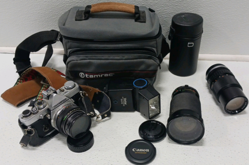 Vintage Olympus OM-1 Camera With Two Extra Lenses And Flash