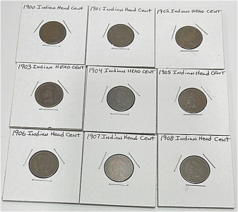 (9) Indian Head Pennies 1900-1908 Carded