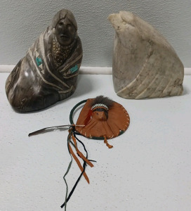 Marble And Turquoise Native American Lady Statue, Marble Eagle Head And A Dream Catcher