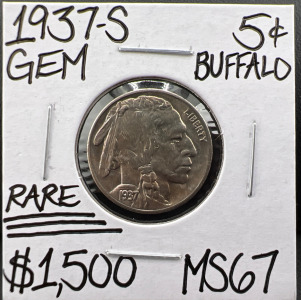 1937-S MS67 RARE GEM BUFFALO NICKEL