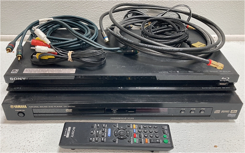 Sony Blu-Ray DVD Player w/ Remote, Yamaha DVD Player, (4) Cables