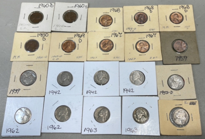 (10) Nickels Dates Between 1939-1963, (10) Pennies Dates Between 1950-1969