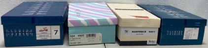 (1) Pair of Liberty Fuscia Size 7 Heels, (1) Pair of Medium Navy Size 7 Heels, (1) Pair of Manitoba ll Navy Size 7m Shoes, (1) Fashion Glitter Size 7