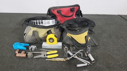 (3) Tool Bags, Wet/Dry Knife Sharpening Stone, Sockets, and More