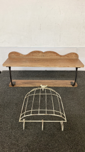 Cast Iron And Wooden Shelf And Wire Coat Hanger