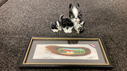 Vintage Boston Terrier Porcelain Figure And Artist Signed Painted Feather Framed For Hanging