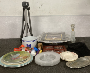 Collectible Plates, Disney Bowl and Frame, Vintage Fruit Tray Hand Wrought Aluminum Lazy Susan By Cromwell, And More