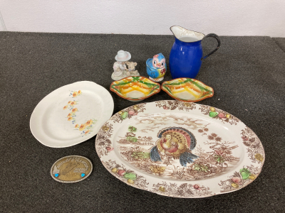 Serving Platters, Belt Buckle, Bowls, Pitcher, Glass Bird Jar, and Precious Momnents Statue